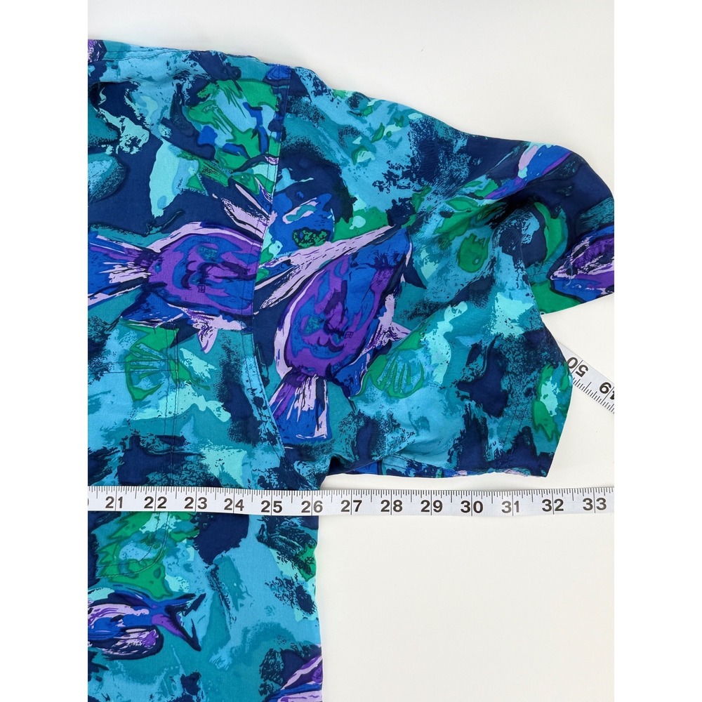 Hilo Hattie Mens XL Blue Purple Fish Print 100% Silk Short Sleeve Aloha Shirt - Picture 7 of 10